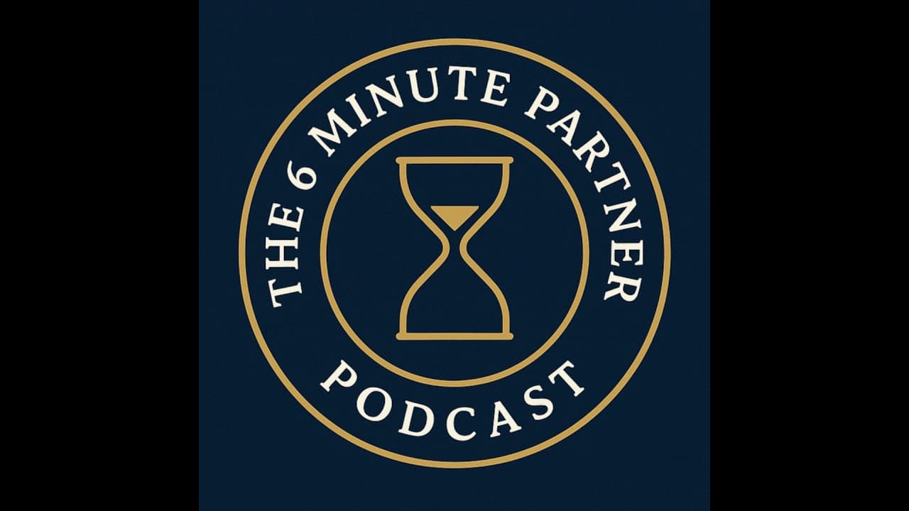 The 6 Minute Partner Podcast logo, an hourglass inside a gold ring on a navy background